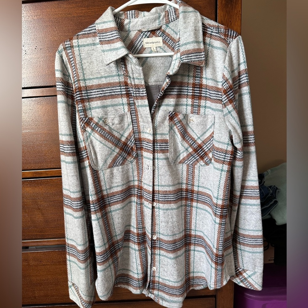 Thread & Supply Gray and Brown Plaid Button Down Shirt